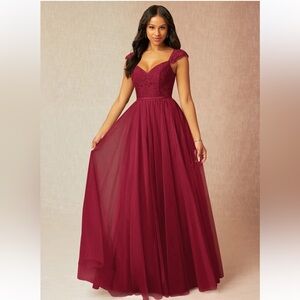 Azazie Burgundy Lace Cap-Sleeve Maxi Gown